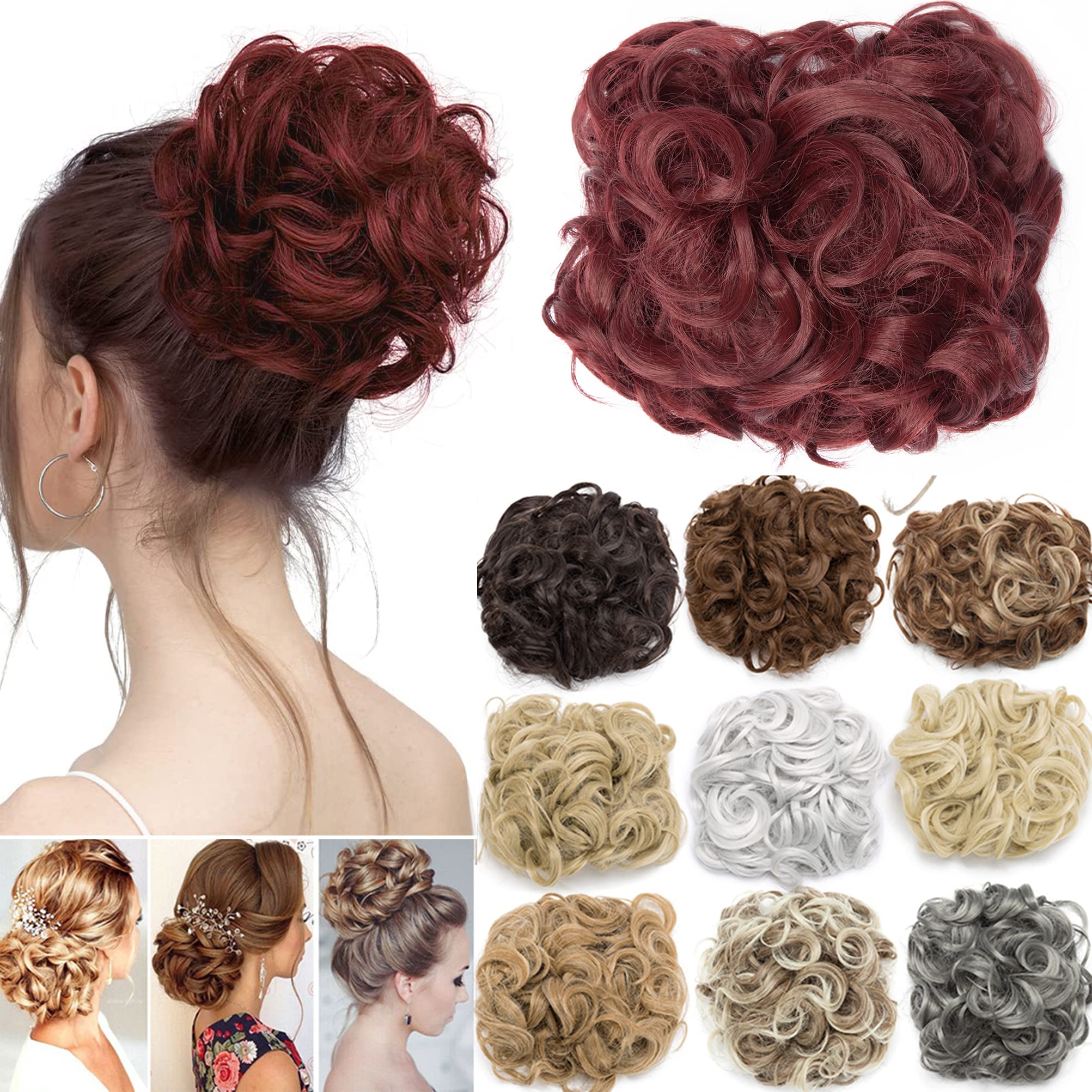 Real Thick Comb Clip in Messy Curly Bun Hair Extension Chignon Updo Hair Piece Short Hair Wavy Scrunchie Wedding Hairpiece - Wine Red