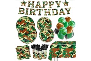 XIENBLOC 206pcs Camo Party Supplies Paper Plates Napkins Camouflage Tableware Set Disposable Cups Forks Knives Spoons with Camo Tablecloth Banner for Boy Camouflage Hunting Military Birthday Party Decorations