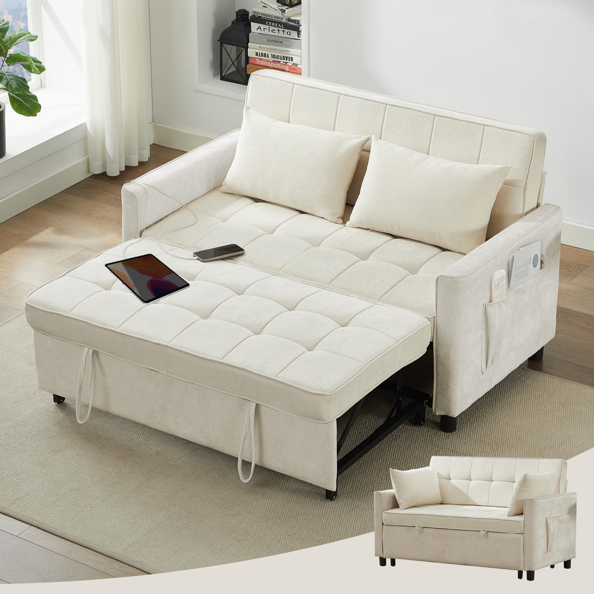 Tbfit 57" Convertible Sofa Bed, Chenille Futon Sleeper Sofa Couch with ...