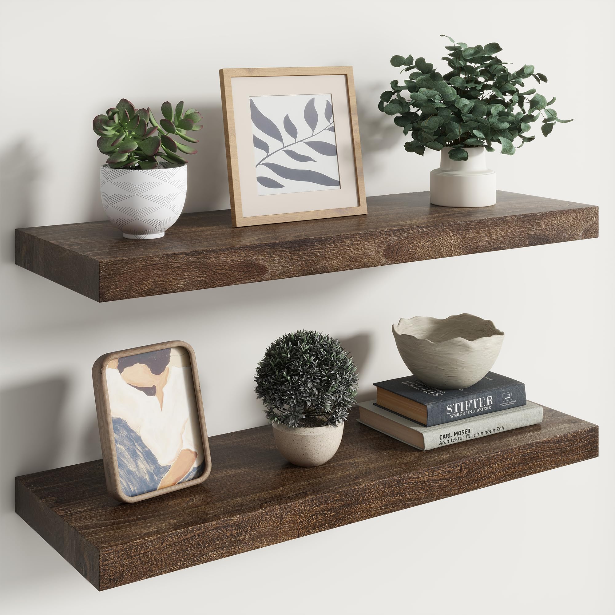 Photo 1 of RICHFOCUS Elm Floating Shelves for Wall - 30" W x 9.3" D Rustic Solid Wood Shelves with Invisible Bracket, Wall-Mounted for Living Room, Bedroom, Kitchen Storage & Display, Set of 2, Walnut