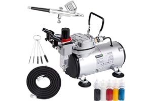 Timbertech Airbrush Kit With Compressor AS18-2K Basic Start Kit With Air Hose, Cleaning Brushes, and Test Paints for Hobby, Body Tattoo, Model painting, Automotive Graphic, Make-up