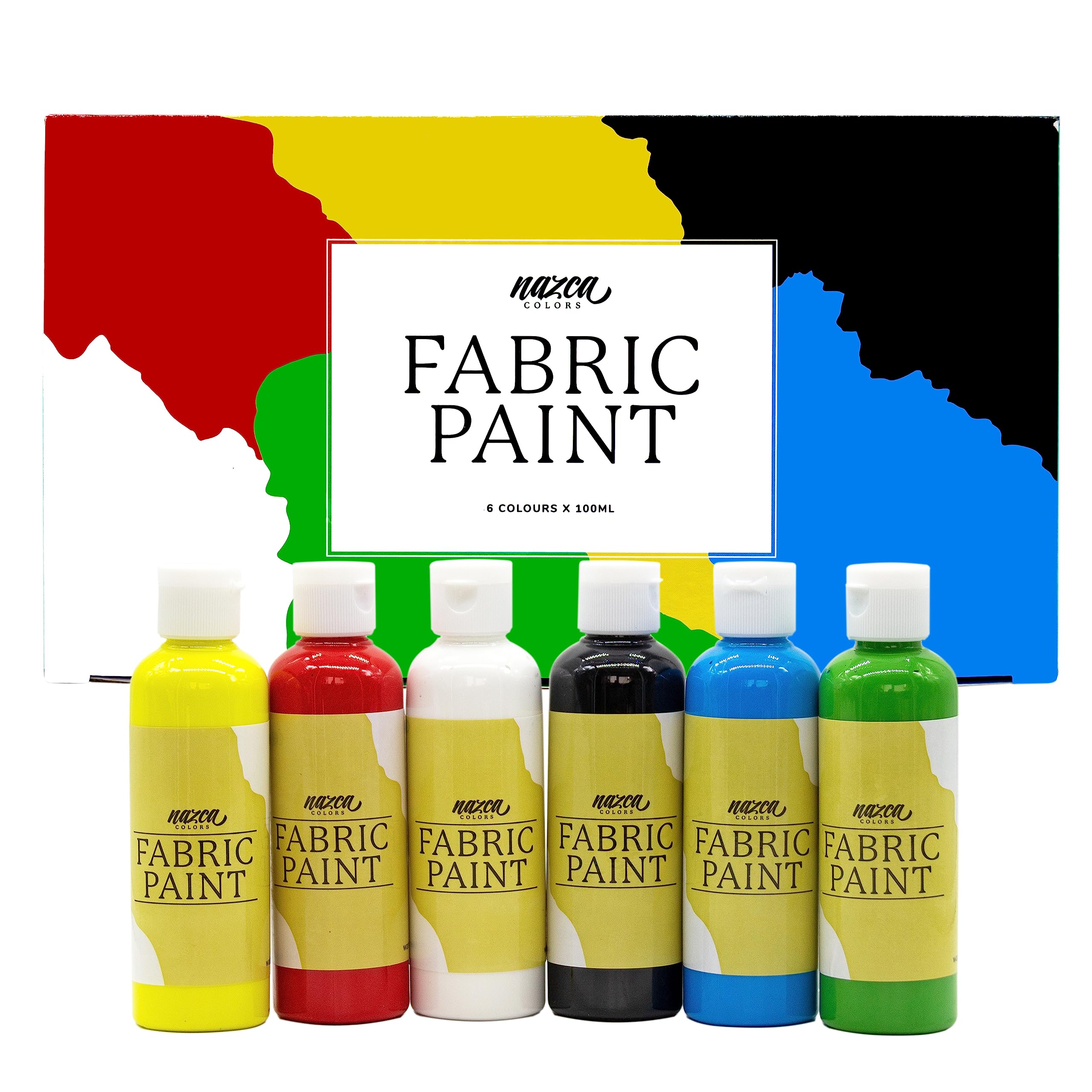 Nazca Professional Quality Fabric Paint - 6 Colours x 100ml - Permanent Textile Acrylic Paint Ideal for T-Shirts, Bags, Jeans, Sneakers, Leather and Any Kinds of Fabric - Great Coverage Capacity