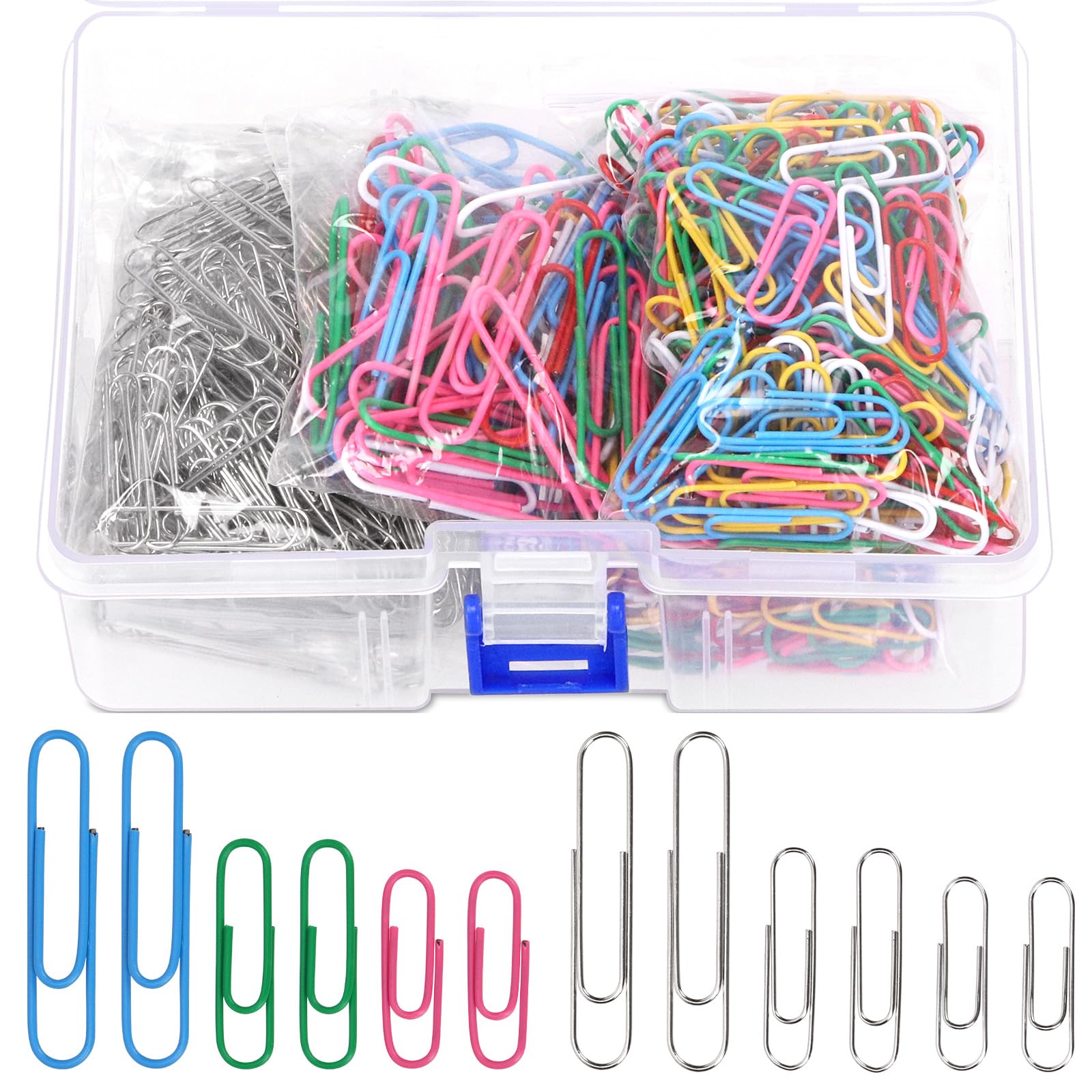 Swpeet 900Pcs 1.1/1.3/2 Inch Coloured and Silver Paper Clips Assorted Sizes Small, Medium and Large, Coated Metal Paper Clips Reusable Big Paper Clips for Office School Document Organizing