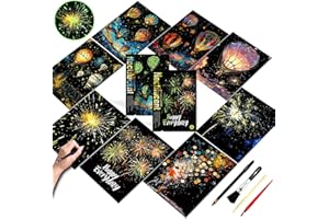 PAITUEND Scratch Art for Adults and Kids-Glow in The Dark Scratch Painting Craft Kit (8 Sheets A4)|DIY Foil Engraving Art Set|Stress Relief Gift for Travel Lovers,Craft Lovers,Home Decors (Fireworks)