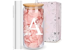 Birthday Gifts for Women, Personalized Customized Cute Glass Cups with Lids and Straws, Initial Iced Coffee Cup Drinking Glas