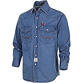 BOCOMAL Men's Denim Work Shirt Western Cowboy Cut Long Sleeve Pearl Snap Vintage Washed Soft Relaxed Fit Workwear(Non FR)