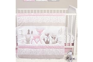 Sammy & Lou Sweet Forest Friends 4-Piece Baby Nursery Crib Bedding Set for Girls, Includes Quilt, Fitted Crib Sheet, Crib Skirt, and Plush Toy