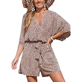 CUPSHE Summer Rompers for Women 2026 V Neck Beach Outfits | Half Batwing Sleeve, Loose Fit, Belted Waist Dressy Casual, Wide Leg Mini Jumpsuit, One Piece Vacation Playsuit, Resort Wear