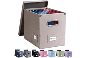 PRANDOM File Organizer Box - Set of 1 Collapsible Decorative Linen Filing Storage Hanging File Folders with Lids Office Cabinet Letter Size Light Grey (14x9.3x10.8 inch)