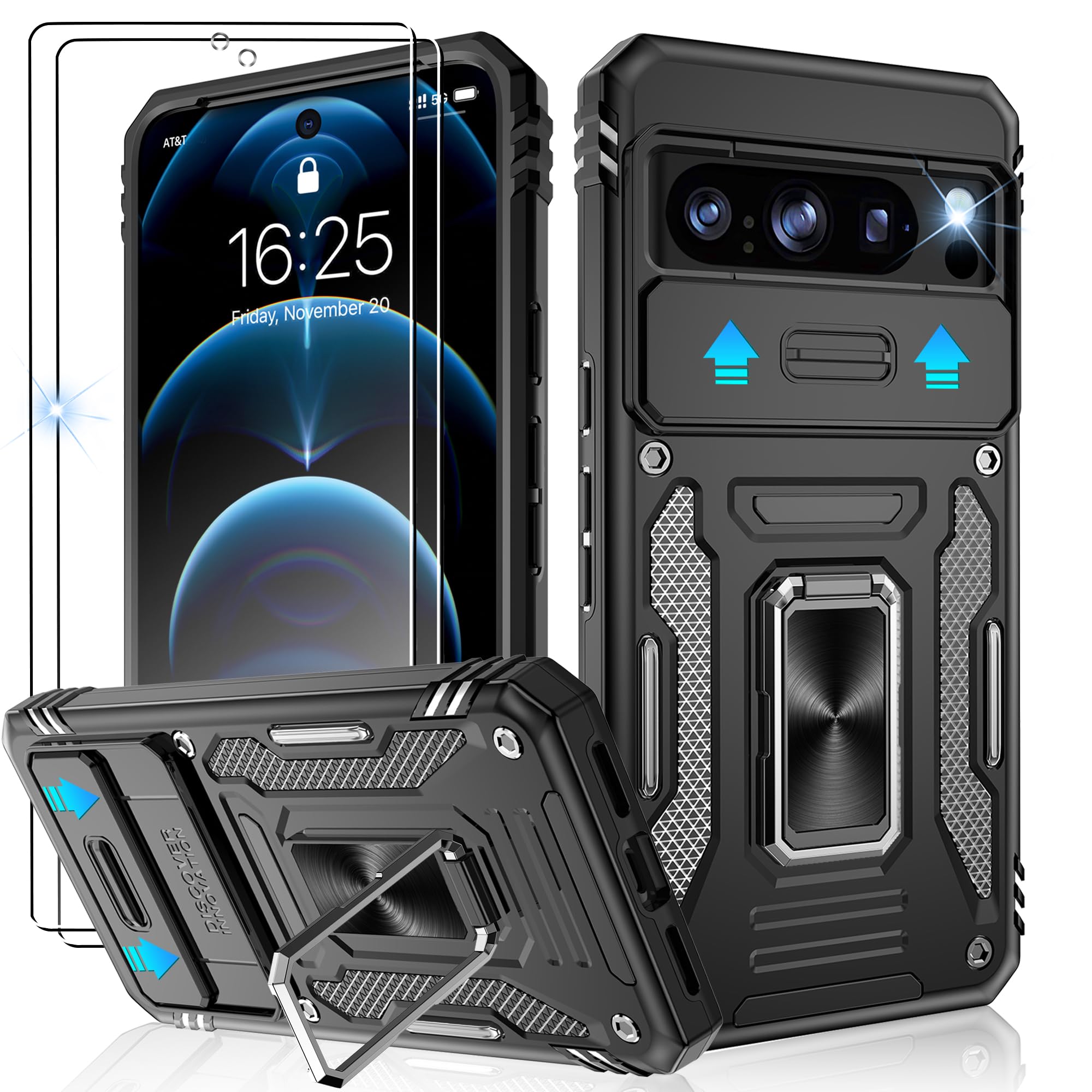 Jshru for Google Pixel 8 Pro Case with Screen Protector [2 Pack] and Slide Camera Cover,Military Grade Shockproof,Armour Phone Cover with Ring Kickstand,Black — image 1