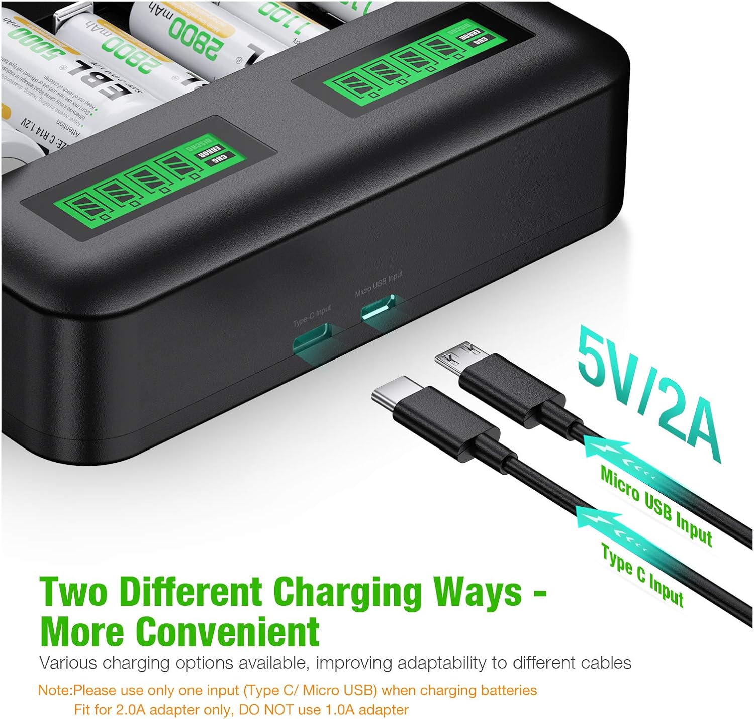 EBL LCD Universal Battery Charger - 8 Bay AA AAA C D Battery Charger for Rechargeable Batteries Ni-MH AA AAA C D Batteries with 2A USB Port, Type C Input, Fast AA AAA Battery Charger