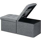 AmasSmile Storage Bench Folding Ottoman Foot Rest Stool, 34 inch Grey Linen Footstool, Short Ottoman Bench, Foot Rest Store as Books, and Blanket Storage or Others