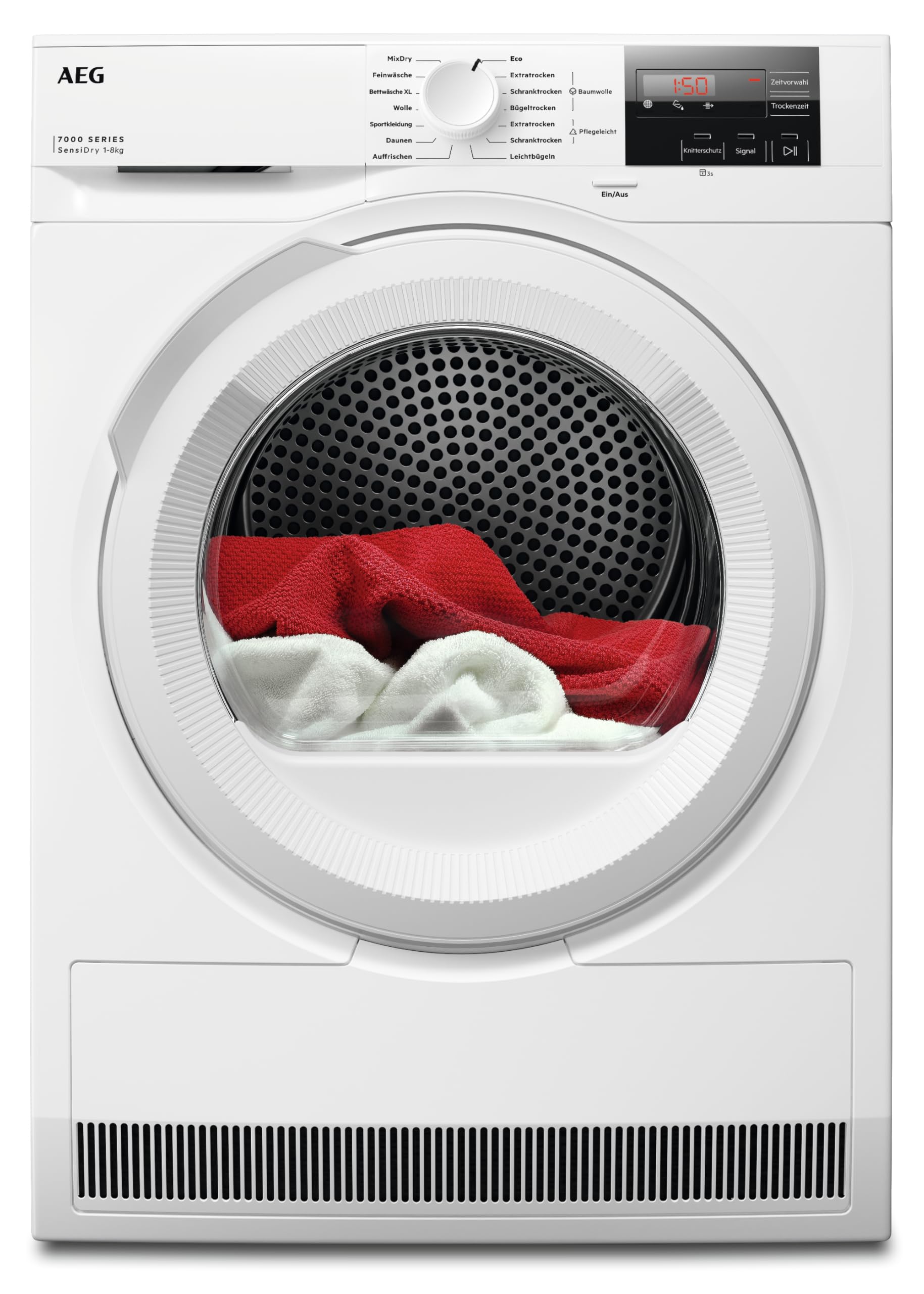 AEG Wärmepumpentrockner 8 kg, Serie 7000 SensiDry - Schonendes & Energiesparendes Trocknen, neue EKK D, Schontrommel, Weniger Bügelaufwand mit Reversierautomatik, Spart Zeit, Knitterschutz, TR7T50580
