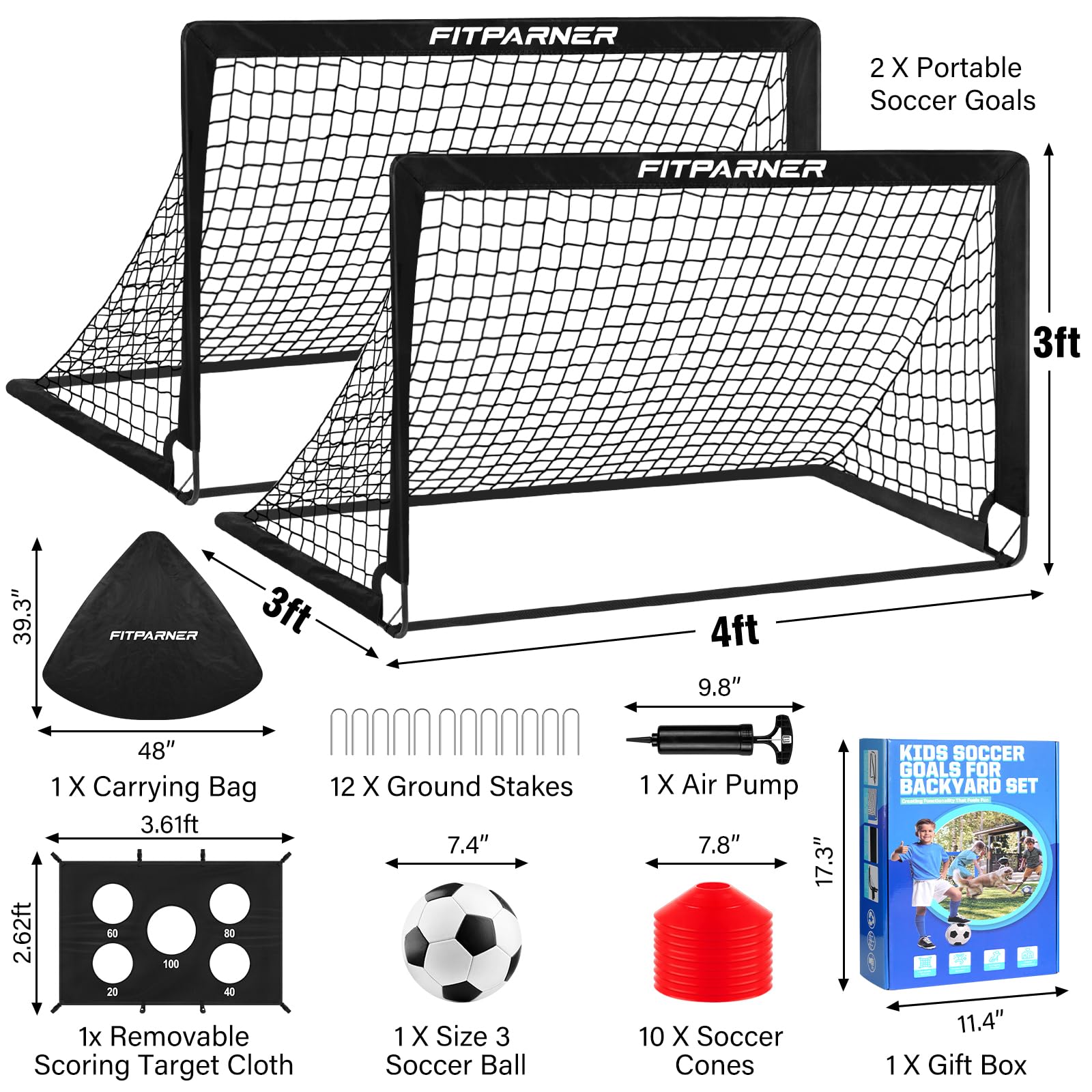 Kids Soccer Goal for Backyard Set,2 Pack of 4x3/6x4 ft Portable Pop Up Soccer Nets,Complete Youth Training Equipment with Target,Ball & Cones for Kids 3-14 Goal Practice,Outdoor Sports Game