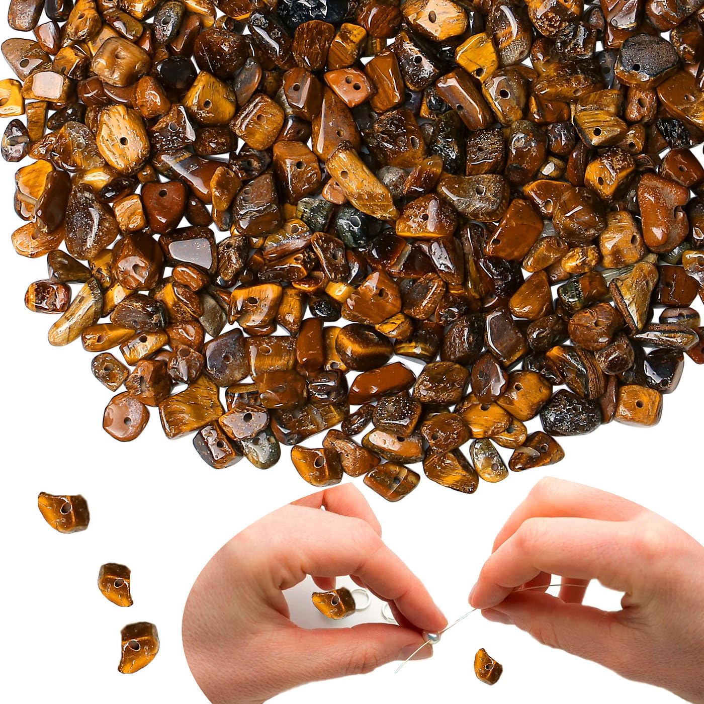 XIANNVXI 400 Pcs Drilled Tigers Eye Beads for Jewelry Making,5-8mm Irregular Tumbled Gemstone Chip Loose Craft Tiger Eye Crystal Beads for Crafting