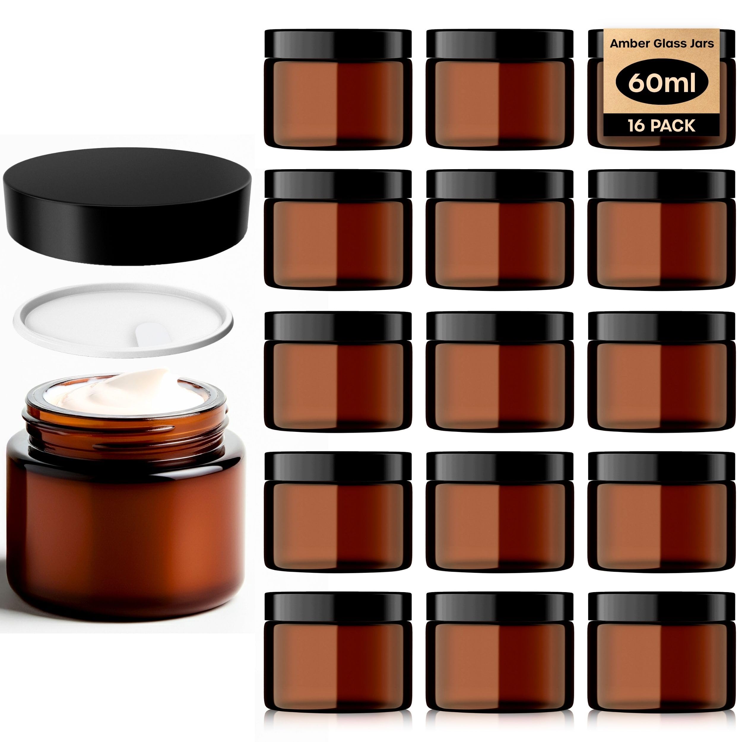 Amber Glass Jars - 16 Pack (60ml) with Lids - Brown Travel Cosmetic Containers with Spatula - UV Protection for Powder, Lotion and Cream