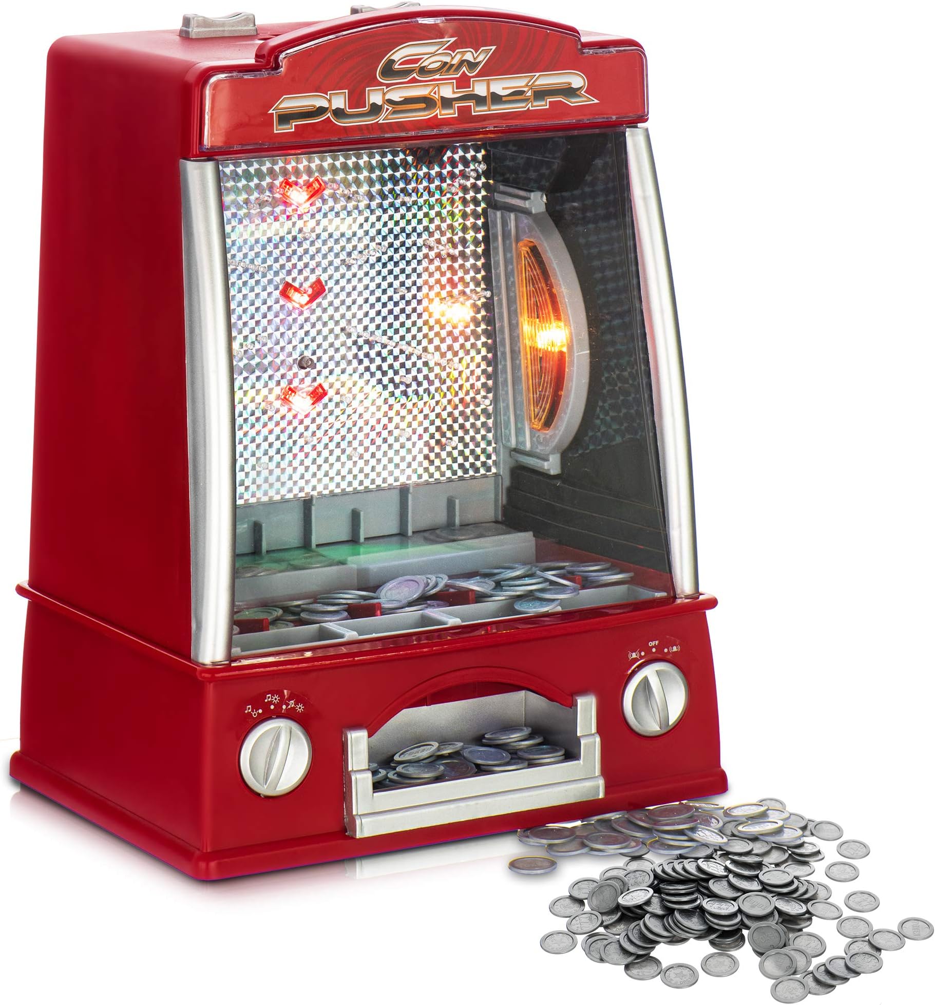 WICKED GIZMOS Coin Pusher Slot Machine – The Fairground Favourite Carnival Game of Skill and Luck with Lights, Noises and Pretend Coins