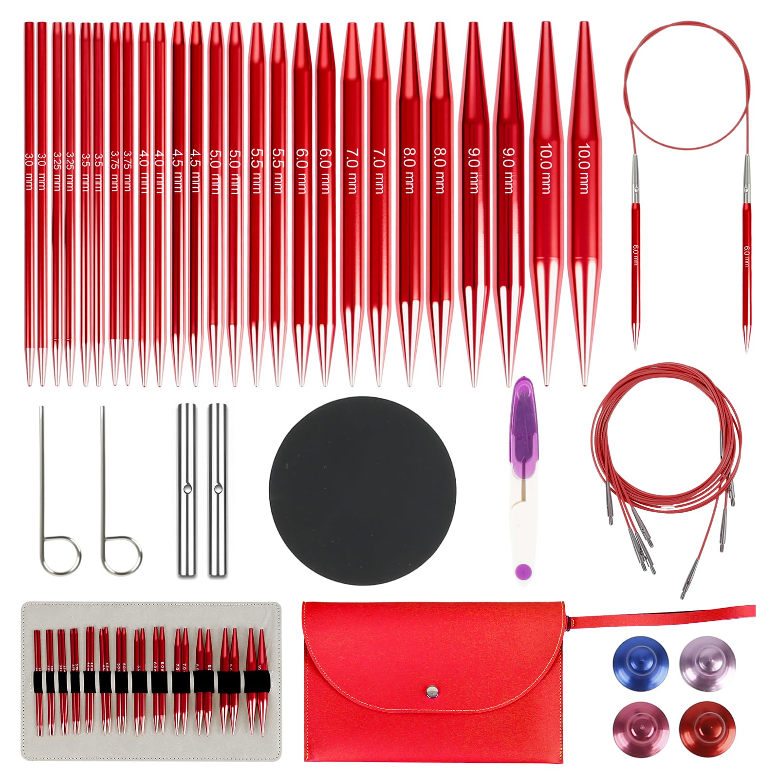 Interchangeable Circular Knitting Needles Set, 13 Pairs of Interchangeable Needles with Crochet Scissors, Bag, Accessories, Needle Diameters 3–10 mm, Aluminum Crochet Hook Set (Red)
