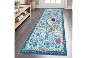 Floral Runner Rug 2x6 Retro Botanical Flowers Rug, Colorful Rose Runner Rugs, Watercolor Floral Runners, Boho Washable Non-Sl