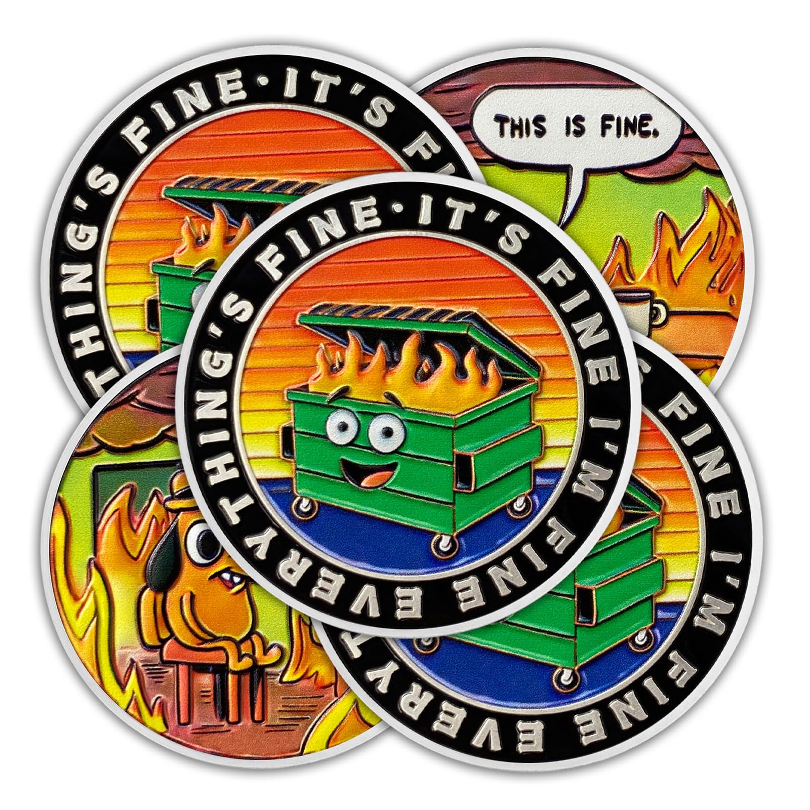 5Pcs Cartoon Style Dumpster Fire Coin, Dumpster Fire Challenge Coin - Funny Office Desk Accessories - Novelty Coins Pocket Token - Inspirational Office Gifts for Men Women