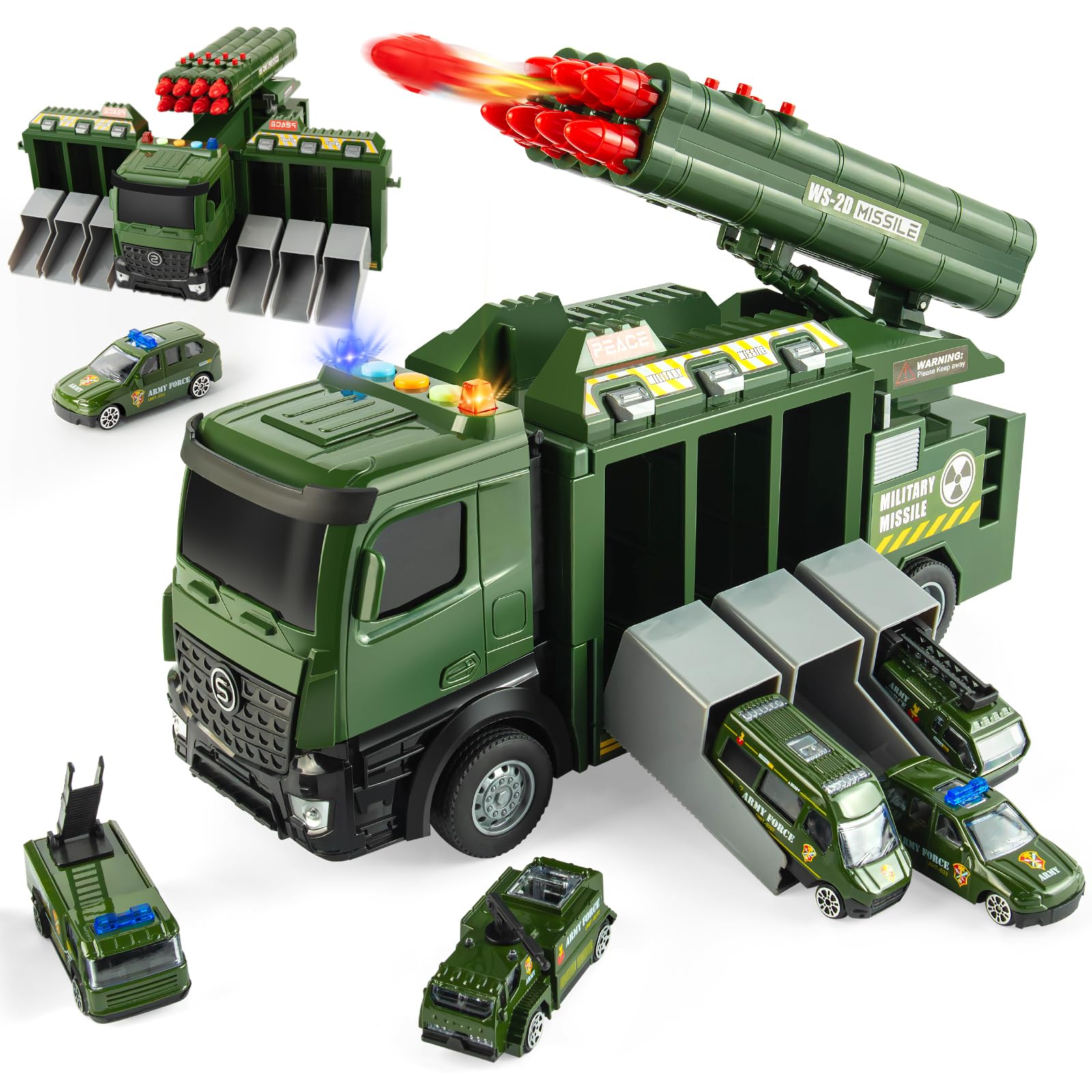 KADAYAYA Army Vehicles Toys,32cm Military Truck Toy with 8 Missile, Military Vehicles Toy Set with Sound & Light,6 Die Cast Vehicles,Army Truck Toys Gift for 3 Years Old Kids and Above