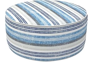 LVTXIII Inflatable Stool Ottoman Footrest with Handle, Decorative Fade-Resistant Foot Stool, Indoor or Outdoor Pouf for Home Garden and Camping Use, D21 x W 21 x H9, Stripe Layered Blue