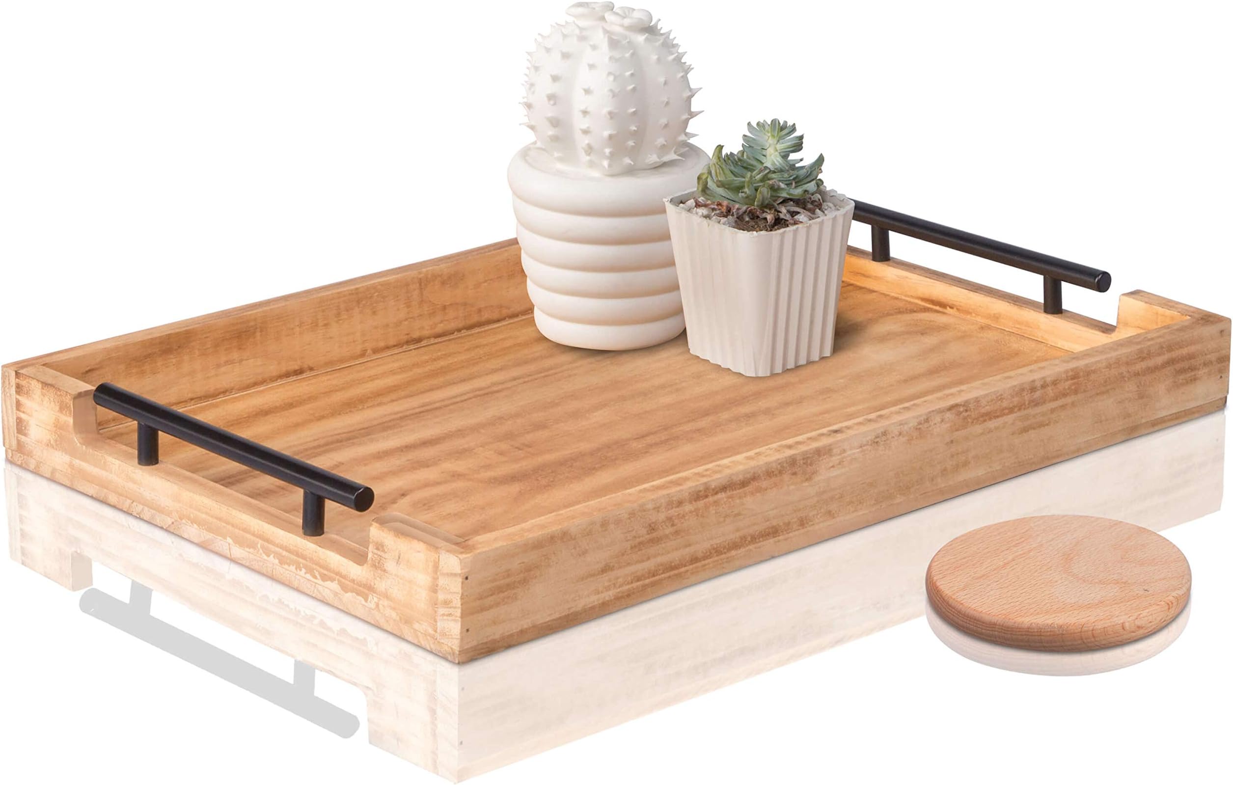 Wood Serving Tray with Metal Handles 20x14 - Large Multipurpose Ottoman Wooden Tray for Food and Decoration. Wood Food Tray Smooth and Completely Splinter-Free
