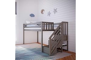 Max & Lily Low Loft Bed, Twin Bed Frame For Kids With Stairs, Clay