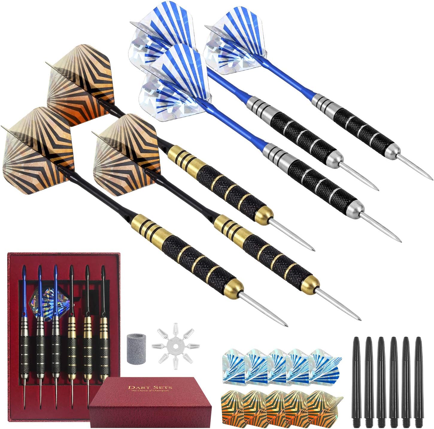 Steel Tip Darts Set for Dartboard Professional 6 Pcs 20/24g With Nickel Steel Barrel, 6 Additional Shafts, 10 Designed Flights, Flight Protector, Dart Sharpener and Gift Case (Silver & Gold #1) : Sports & Outdoors