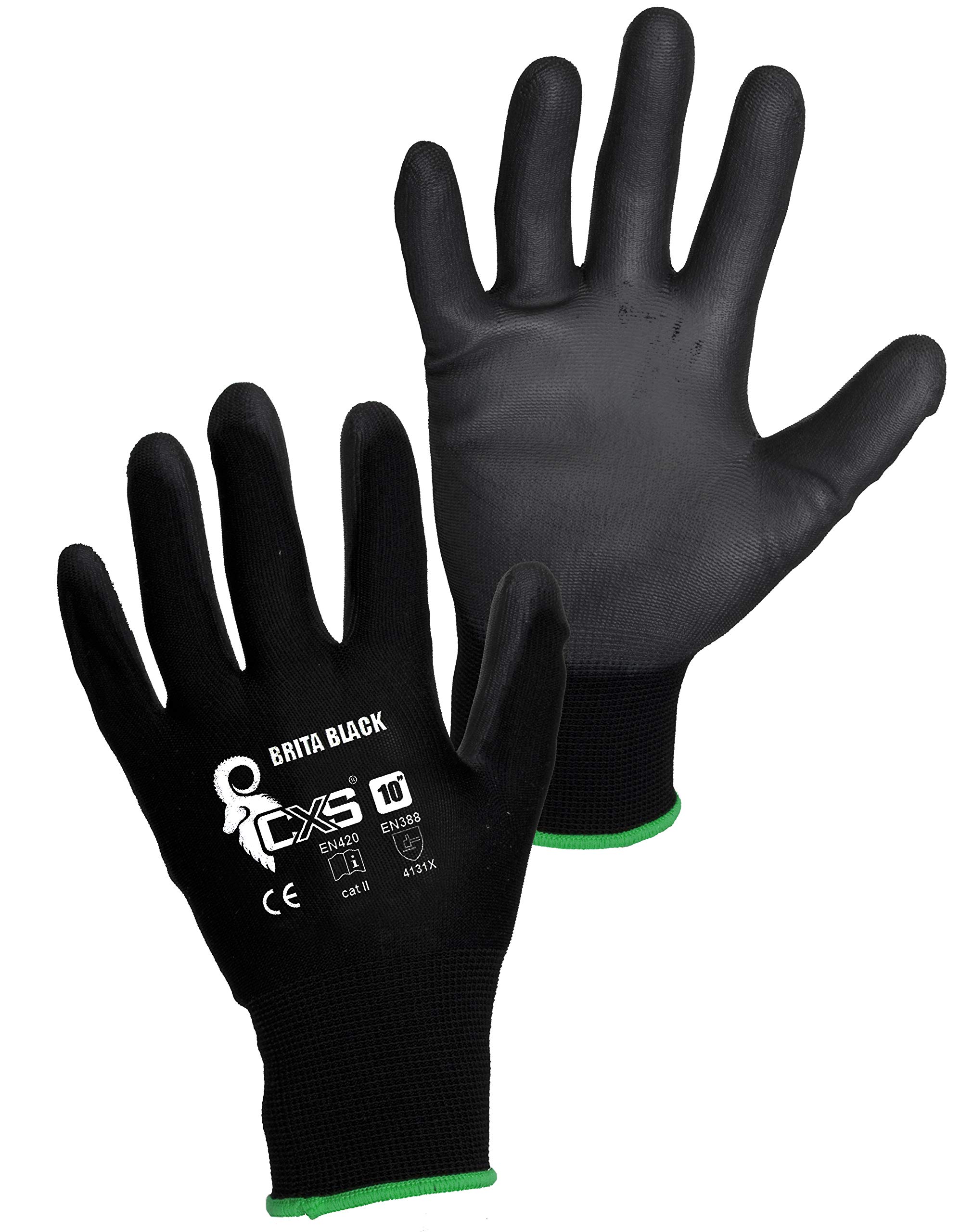 CXS (Pack of 12) Brita work gloves - non-slip seamless assembly gloves, for automotive industry repair work, work gloves, car service, DIY (10, black)