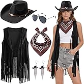 Cubacubo Cowgirl Outfits for Women Western Cow Girls Costume Tassel Fringe Vest Cowboy Hat and Accessories Set