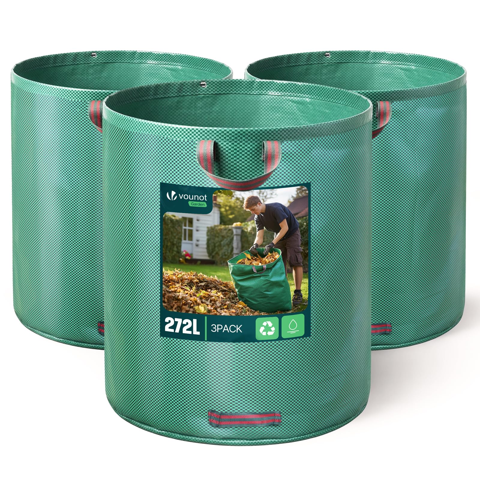 VOUNOT® Set of 3 Garden Waste Bags, 272 L Heavy Duty Reusable Garden Refuse Bags with Handles, Green
