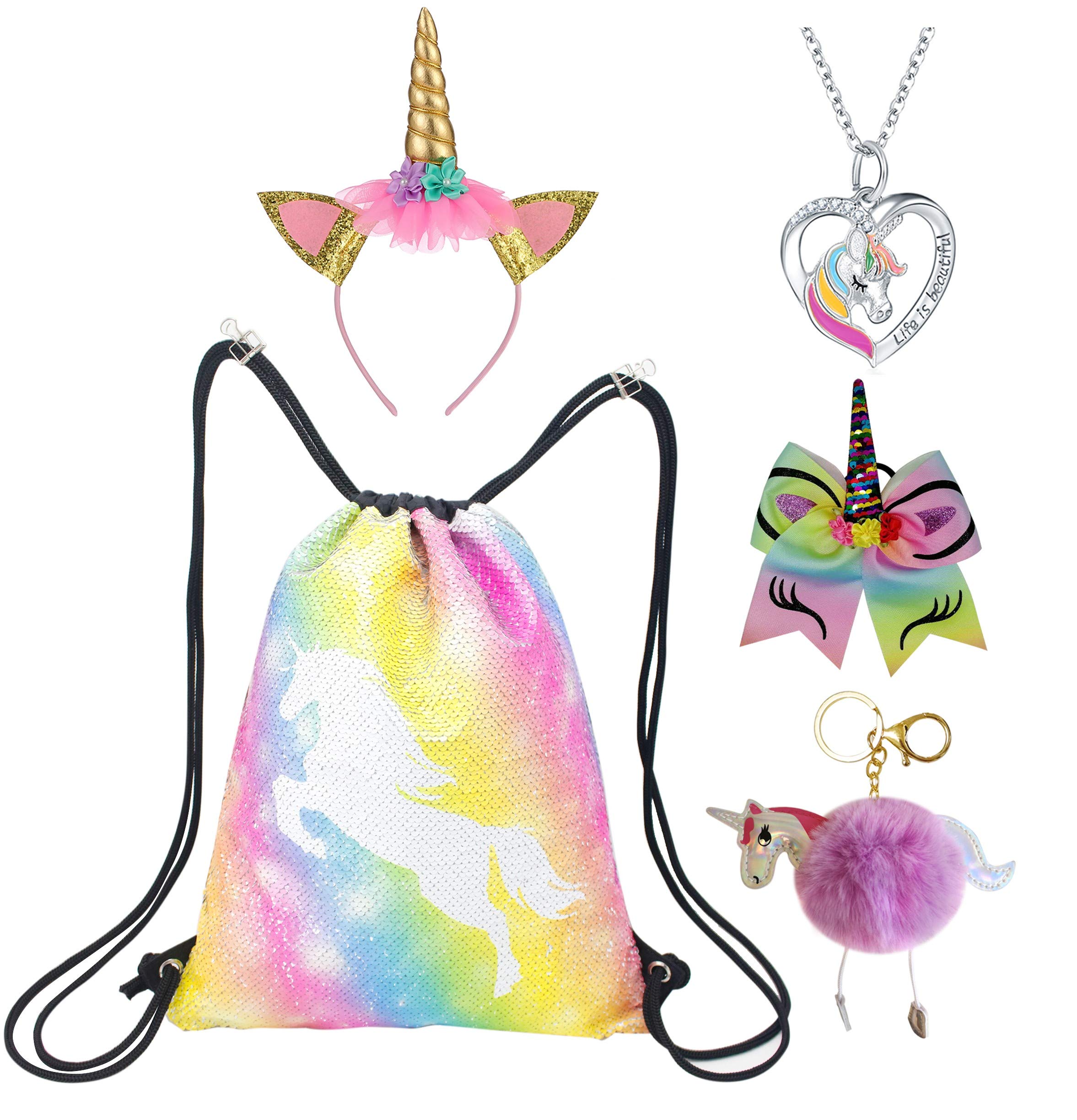 CharmbowUnicorn Gift Set Girls Drawstring Sequin Backpack/Necklace/Headband/Keychain/Hair Bow (Pink Unicorn) One Size