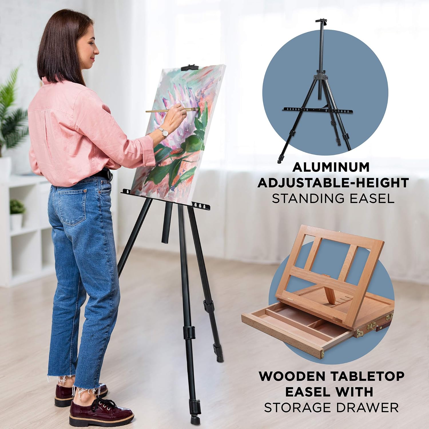Jumbl Deluxe 131-Piece Painting Kit, Professional Artistic Set w/ 72 Oil, Acrylic & Watercolor Paints, Color Wheel & Palette, Wooden Desk & Standing Easel, 8 Canvases, 4 Sketch Books & 4 Brush Sets