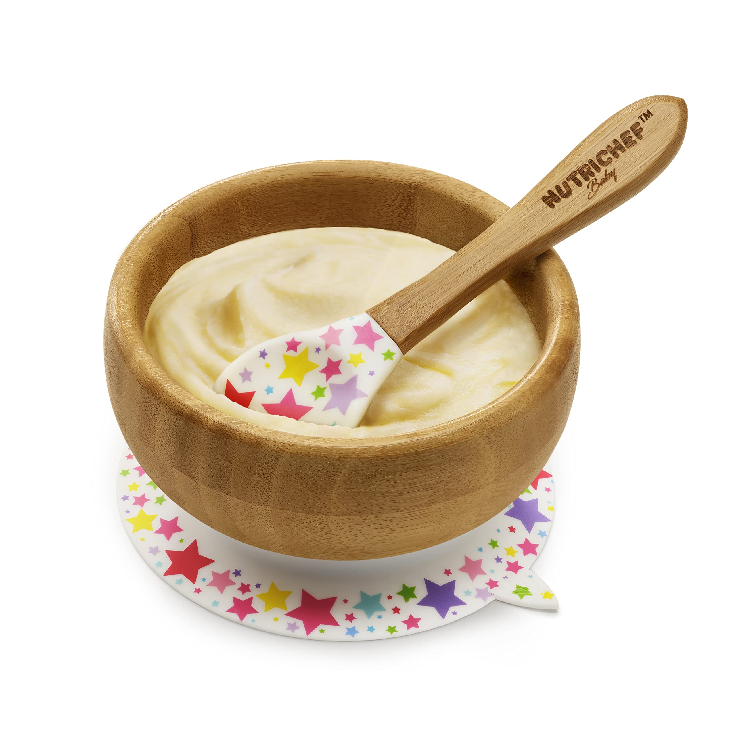 NutriChef Bamboo Baby Feeding Bowl - Wooden Infant Toddler Dish and Spoon Set w/Silicone Suction Base for Stay Put Eating, For Children Aged 4-72 Months (Star Bowl)
