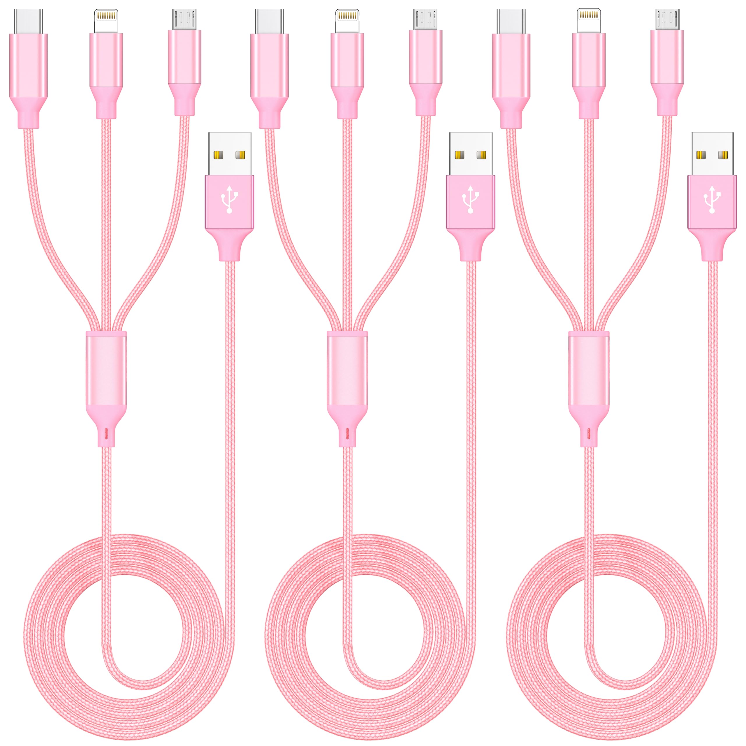 Photo 1 of Multi Charging Cable 4ft 3Pack 3 in 1 Charger Cord, Multiple Rapid Nylon Braided Cable USB Charging Cable Multi Phone Charger Cord with Type C Micro Lightning USB Connectors for Cell Phones Pink