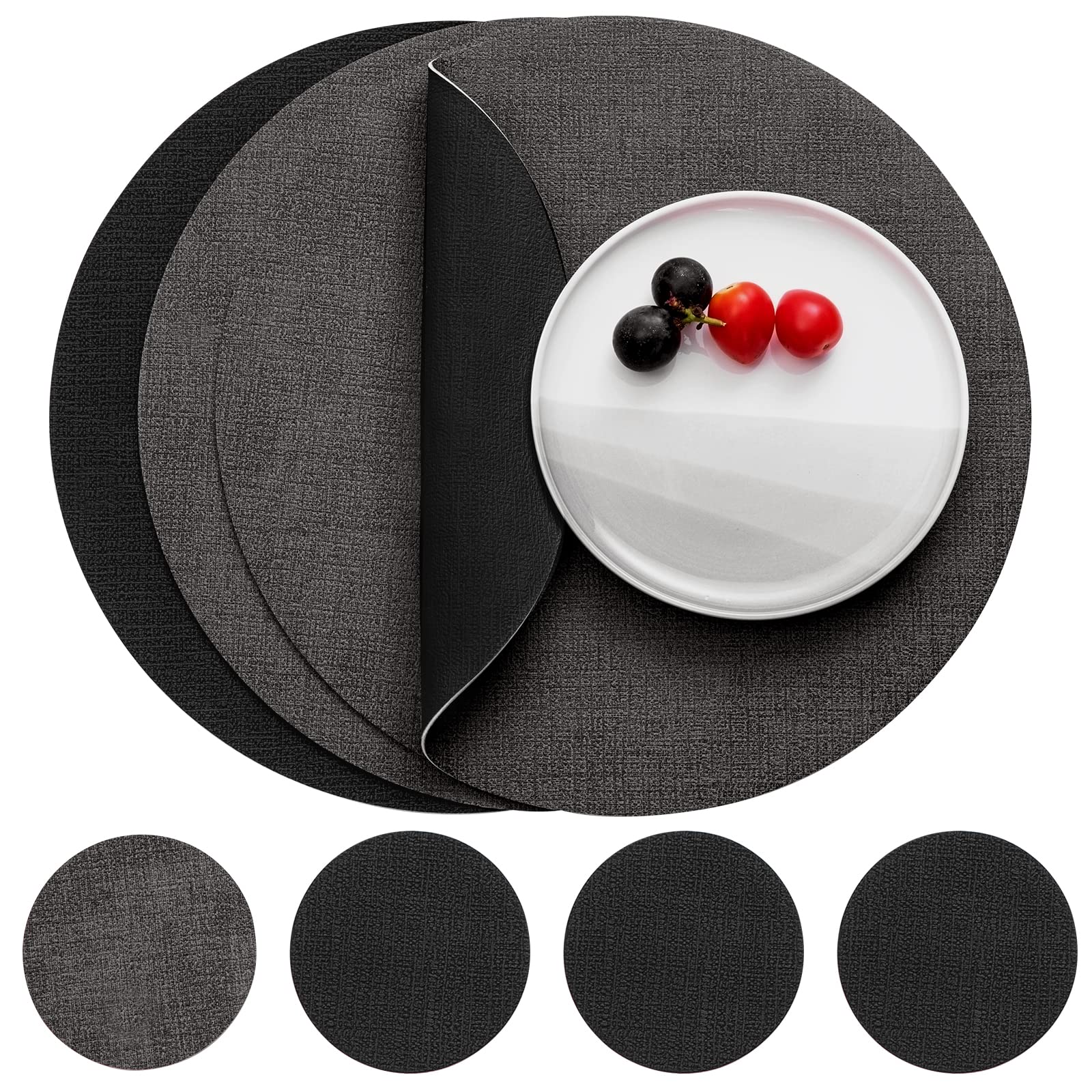 Myir JUN Leather Placemats and Coaster Set of 4, Table Mats Round Waterproof Dual Sided Kitchen Place Mats Coffee Mats Heat Resistant Placemat Non-Slip Washable (set of 4, Black Grey) — image 1