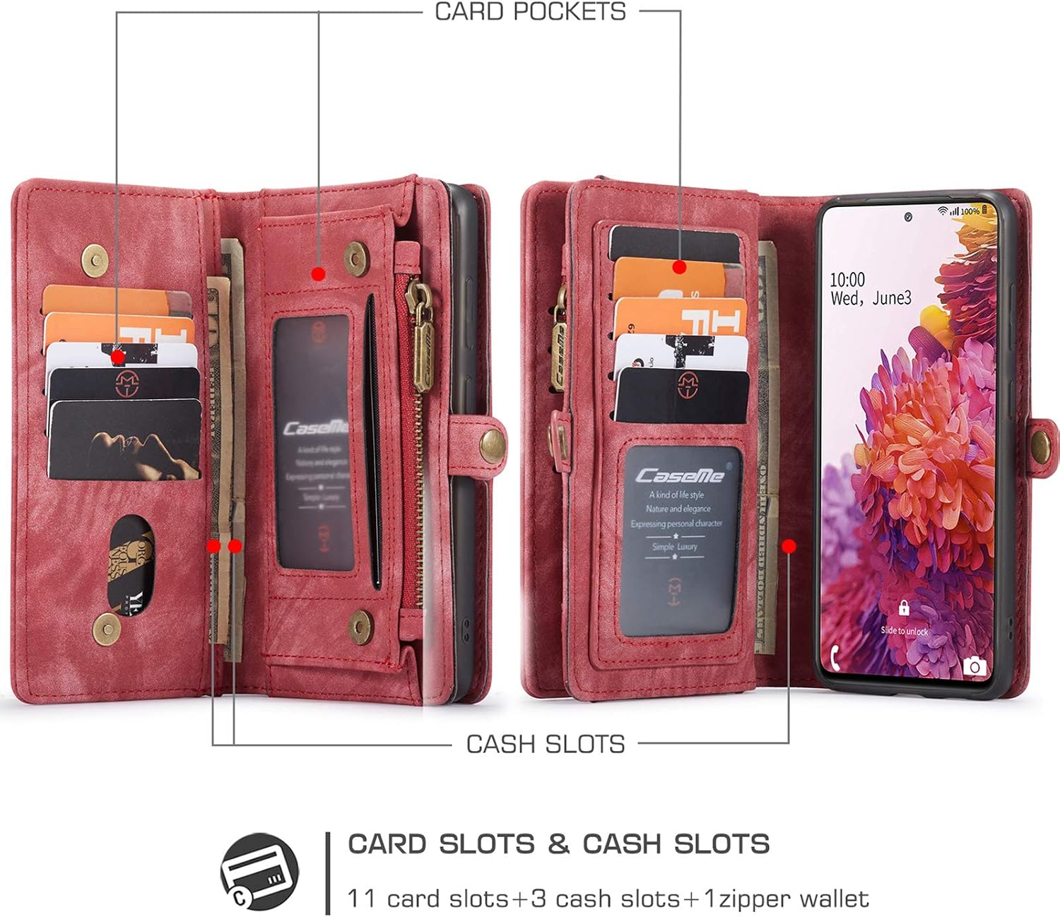 ANROD Detachable Leather Wallet Case for Samsung Galaxy S20 FE 5G,CaseMe Magnetic Closure 2-in-1 Flip TPU Shockproof Zipper Purse Back Cover with Card Slots (Red) - Image 3