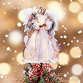 Angel Christmas Tree Topper with Lights, 12.6'' Lighted Angel Tree Topper with White Feathe for Indoor Holiday Decoration