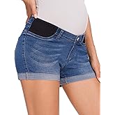 fitglam Women's Maternity Jean Shorts Under Belly Maternity Lounge Denim Shorts Pregnancy Comfy Clothes with Elastic Panel