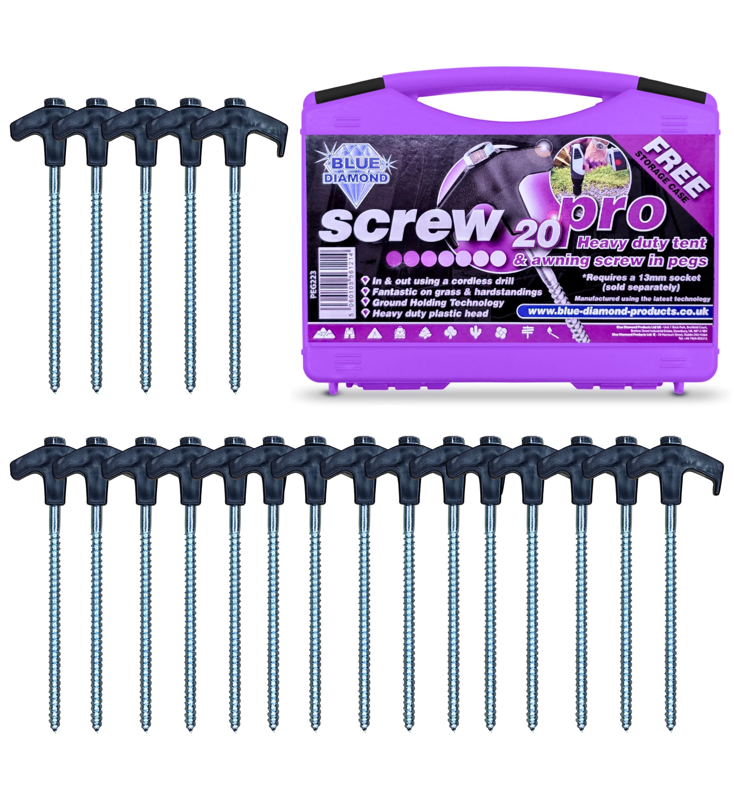 Blue Diamond Heavy Duty Screw Tent Pegs - Pack of 20 | Hard Ground Tent Pegs, Camping Pegs | Rustproof Galvanized Steel (Carry Case)