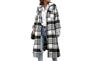 UANEO Plaid Coat Women Button Down Long Plaid Jacket Fall Flannel Trench Coat
