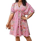 Floerns Women's Plus Size Wrap V Neck Short Sleeve Ruffle Hem A Line Short Dress