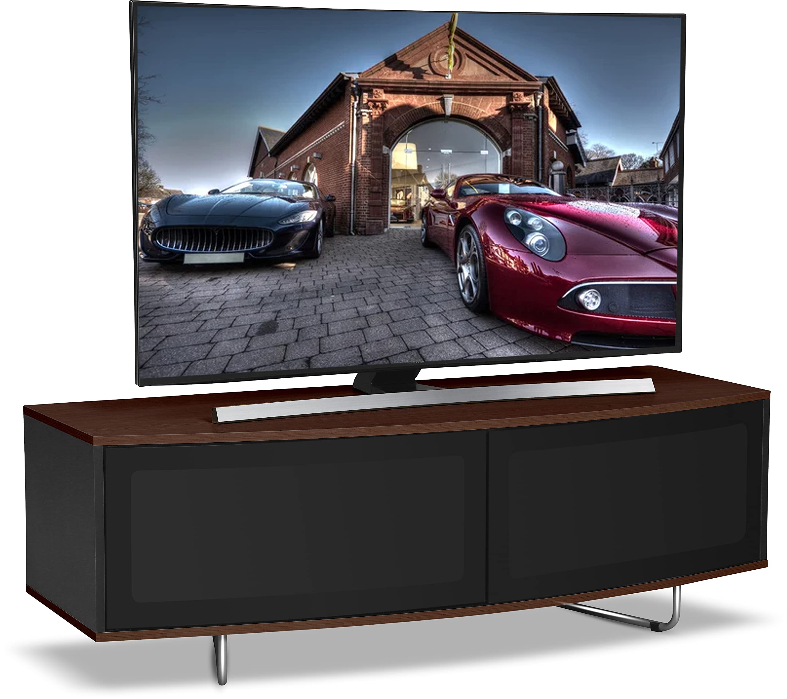 Centurion Supports Caru Gloss Black and Walnut Beam-Thru Remote Friendly Super-Contemporary D Shape Design 32"-65" LED/OLED/LCD TV Cabinet