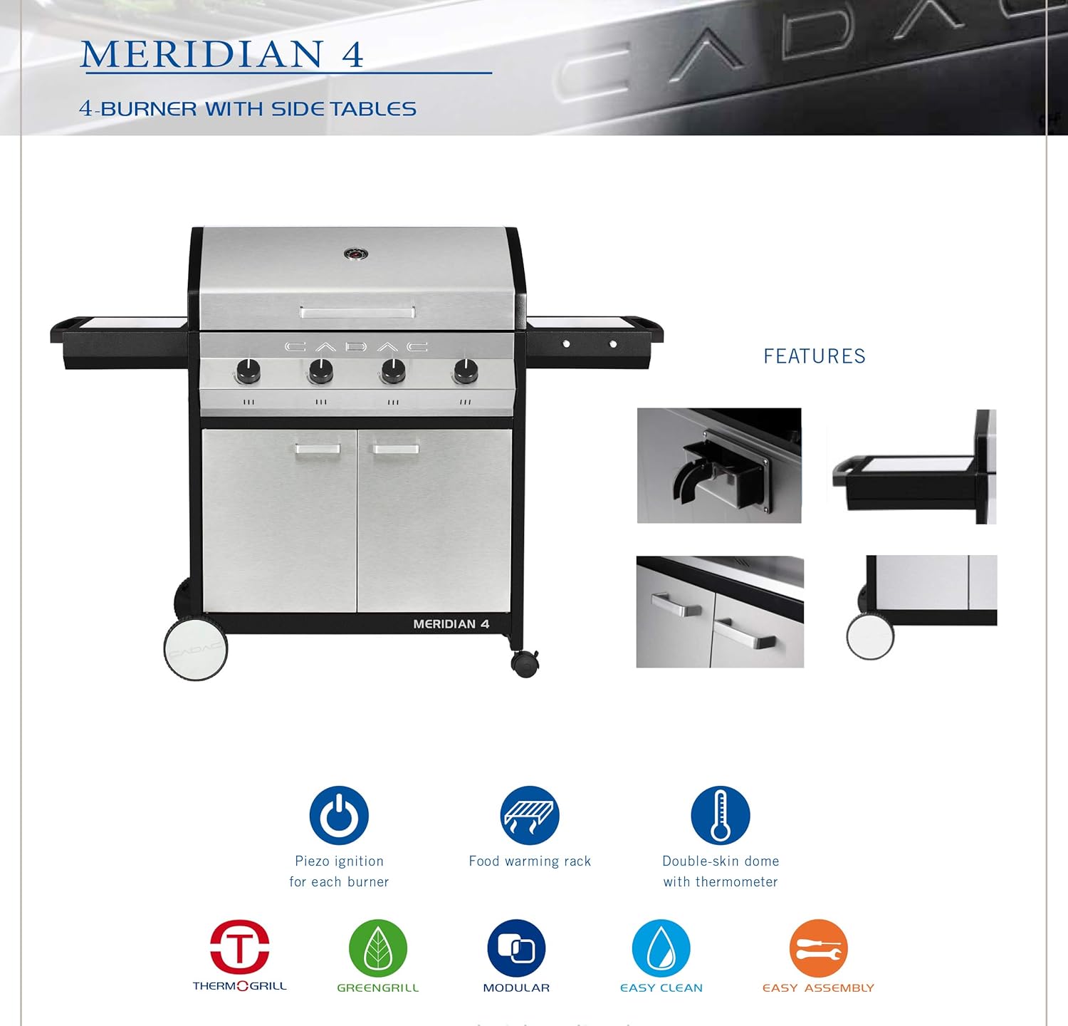 review Cadac, 2-Door Cart, and Side Tables, Stainless Steel, 98512-41-01-US Meridian 4 Propane Gas BBQ Grill with 4 Burners