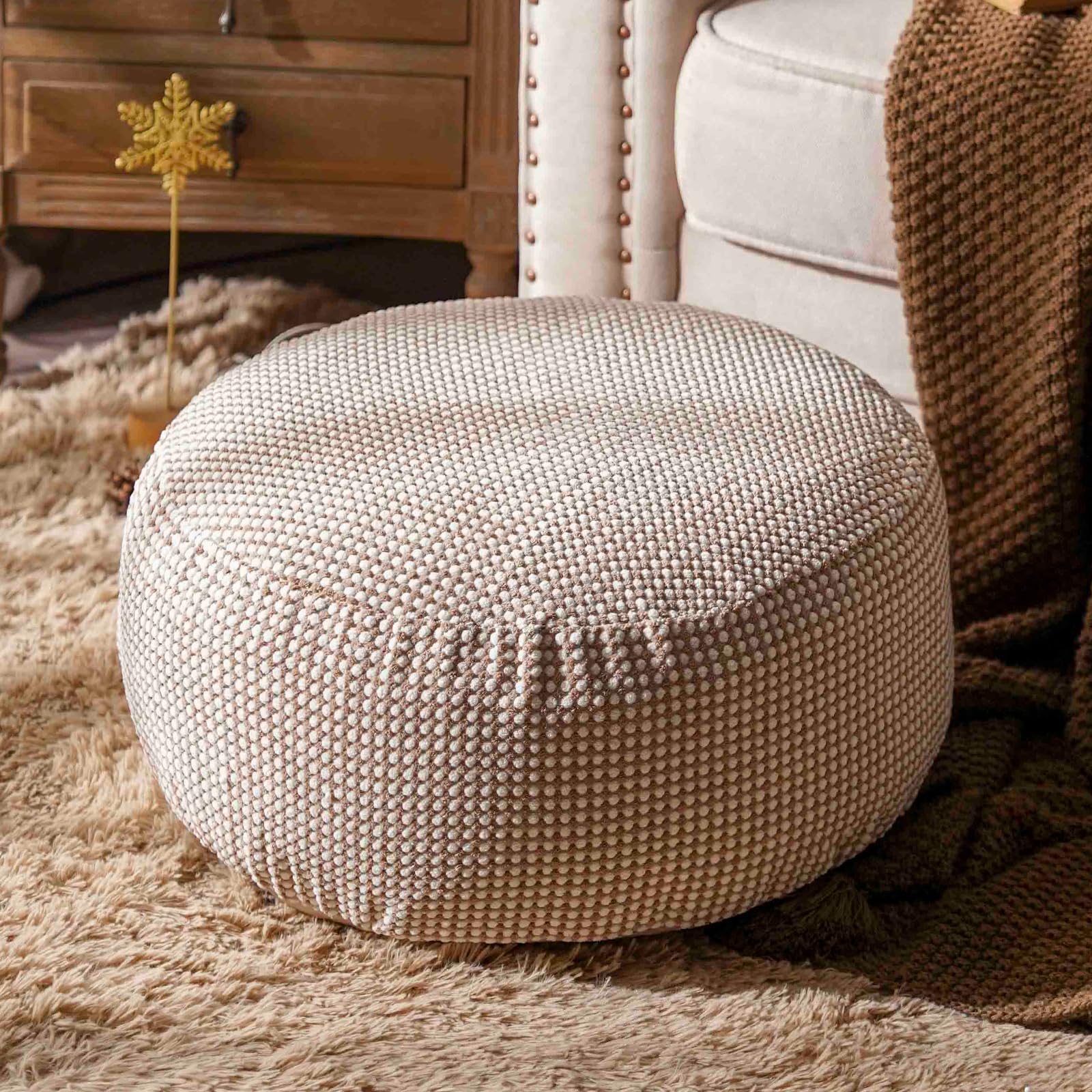Photo 1 of SUTAVIA Pouf Ottoman Cover Unstuffed Pouf Seat Decorative Soft Storage Bean Bag 20x20x8 Inches Square Floor Footrest for Living Room Bedroom (Beige, Round)