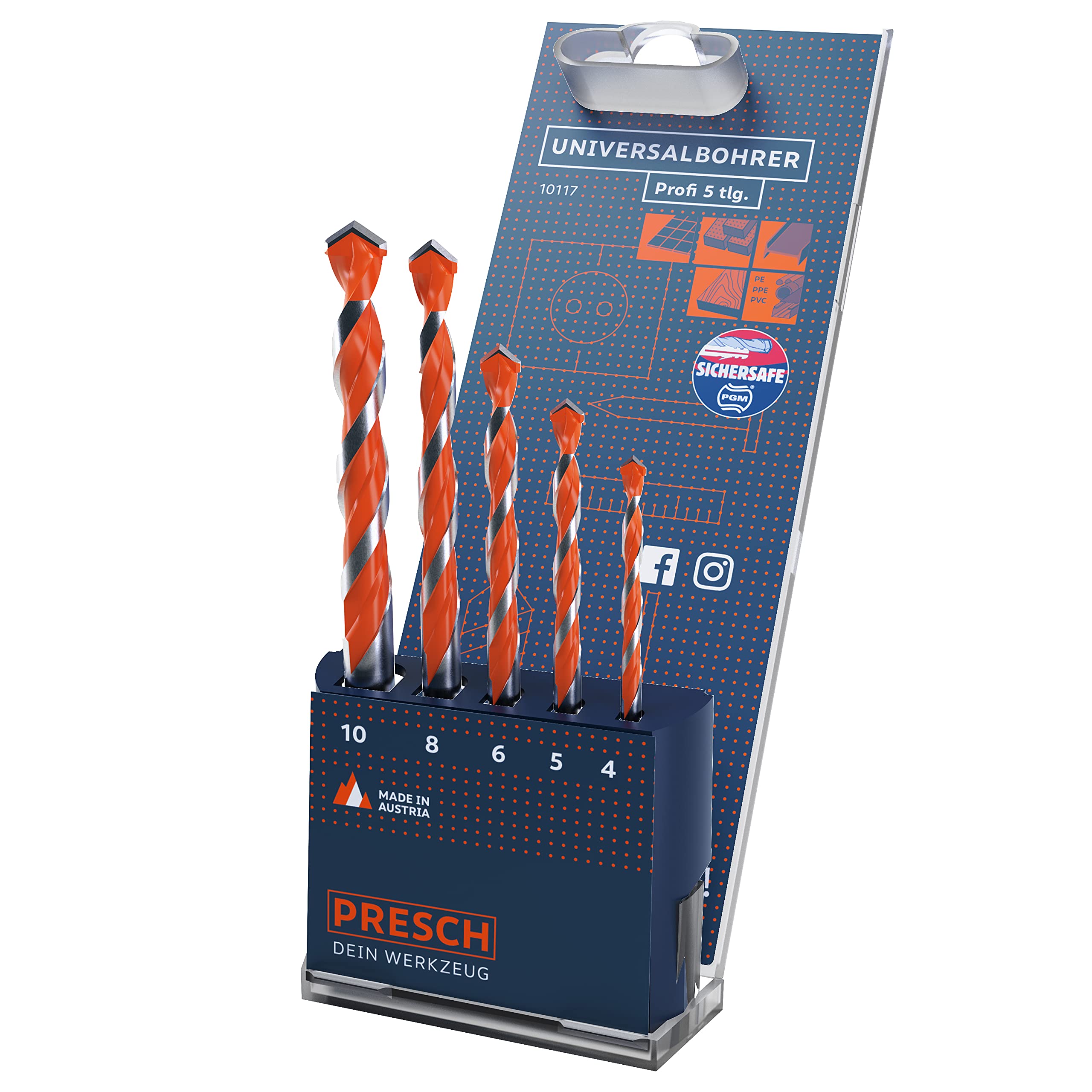 Presch Universal Drill Bit Set 5 pcs - Multifunctional Drill Bits for Metal, Wood, Concrete, Masonry, Tiles, Plastic - High-Speed Ultimate Drill Bits with Cylinder Shaft - Ø 4-10mm