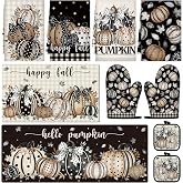 Gandeer 10 Pcs Fall Black Polka Dot Pumpkin Kitchen Decoration Gift Set | 4 Towel, 2 Oven Mitt, 2 Rug, 2 Pot Holder, Farmhouse Rustic Harvest Accessories for Halloween Thanksgiving Autumn Cooking