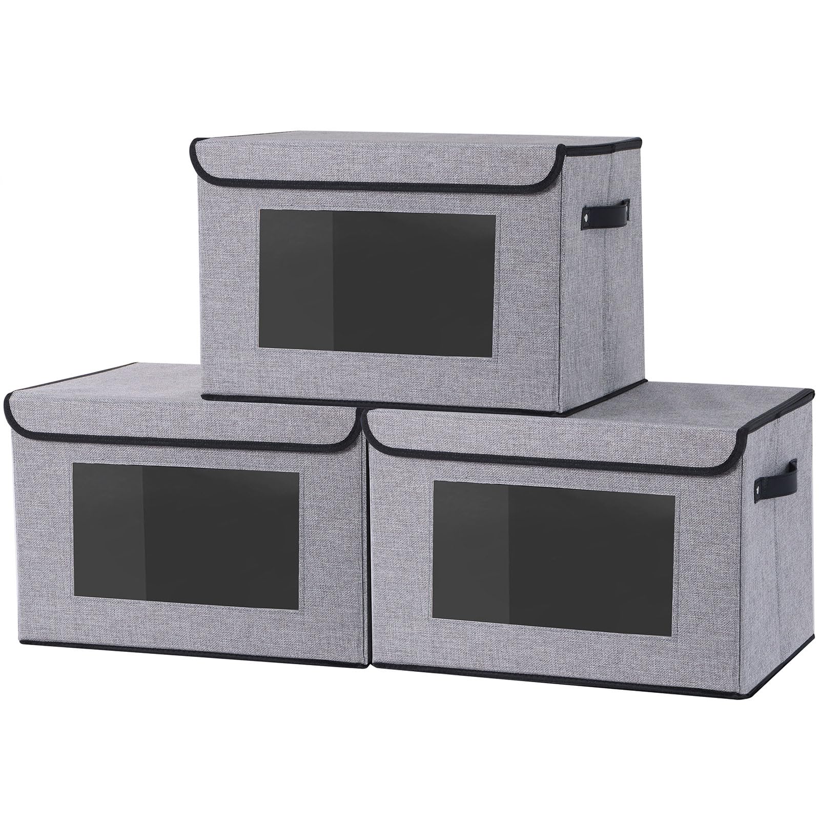 YheenLf Storage Bins with Lids, Shelf Basket with Handles, Cube Organizer Basket with Transparent Window for Organizing, 33×23×20 cm Decorative Storage Containers, Gray, 3-Pack, Small
