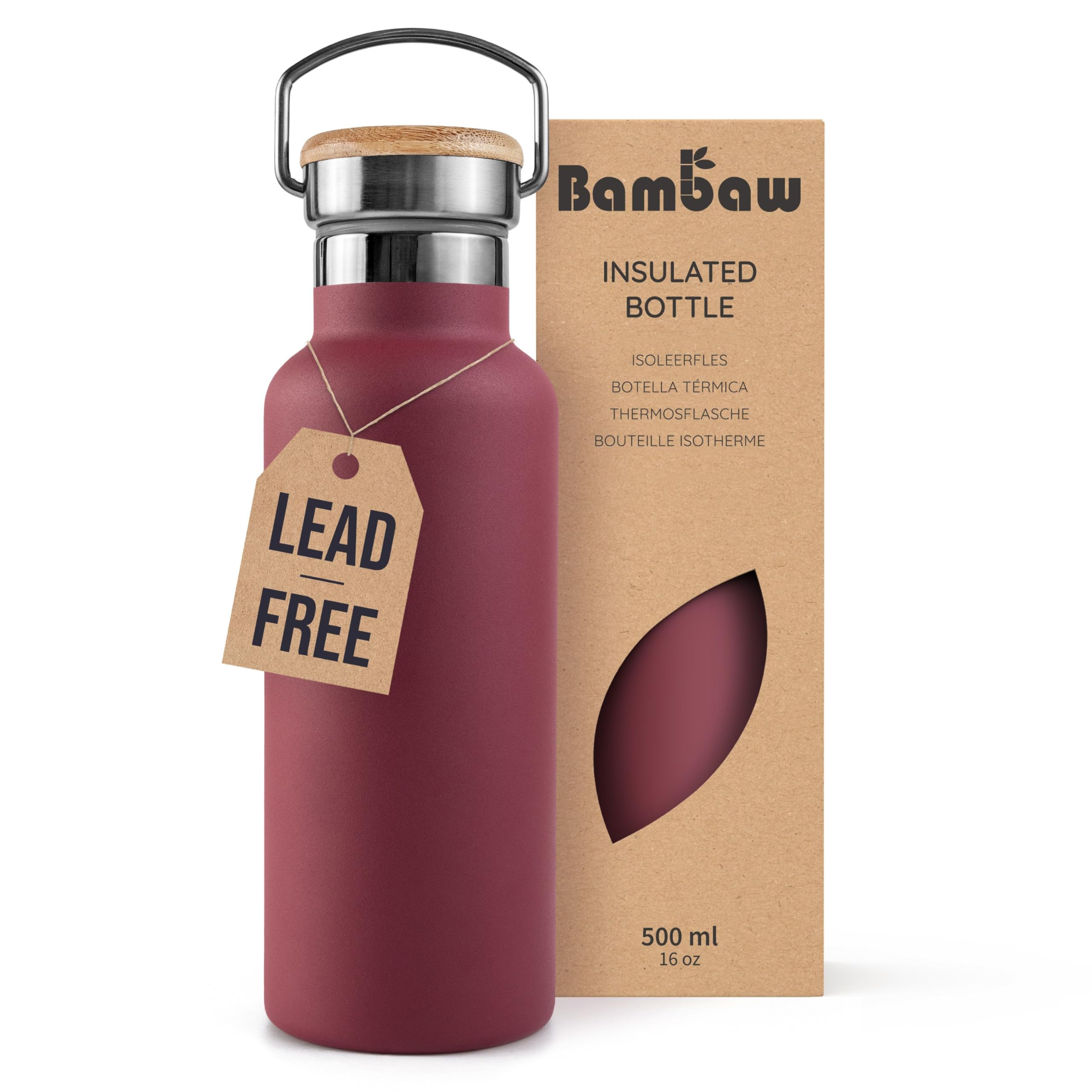 Bambaw Stainless Steel Insulated Water Bottle 500ml, Double-Walled Metal Water Bottles 500ml, Sturdy, Leak-Proof & Lightweight, Easy to Clean & Great for Travel (Red Berry)